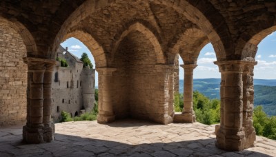 outdoors,sky,day,cloud,water,tree,blue sky,no humans,ocean,cloudy sky,grass,building,nature,scenery,mountain,bush,pillar,landscape,path,arch,column,plant,stairs,fantasy,road,wall,architecture,ruins,bridge,castle,gate,pavement,stone wall