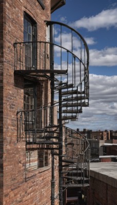 outdoors,sky,day,cloud,blue sky,no humans,window,cloudy sky,building,scenery,stairs,city,railing,cityscape,brick wall,door,road,lamppost