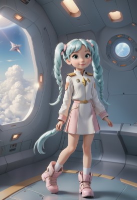 1girl,solo,long hair,looking at viewer,smile,blue eyes,skirt,long sleeves,twintails,very long hair,blue hair,standing,full body,braid,boots,sky,shoes,day,socks,cloud,uniform,twin braids,aqua eyes,blue sky,lips,military,aqua hair,military uniform,robot,child,pink skirt,science fiction,aircraft,pink footwear,female child,ankle boots,spacecraft,belt,planet