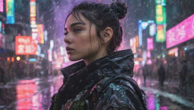 1girl, solo, blue eyes, black hair, jacket, upper body, outdoors, hair bun, blurry, lips, night, blurry background, single hair bun, rain, realistic, nose, neon lights