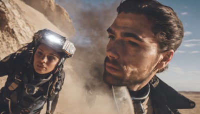 1girl,looking at viewer,short hair,brown hair,1boy,brown eyes,closed mouth,jacket,weapon,male focus,outdoors,multiple boys,sky,day,dark skin,2boys,lips,gun,military,facial hair,goggles,beard,science fiction,realistic,stubble,pilot suit,manly,desert,dust,long hair,black hair,cloud,helmet,rifle,sand,dirty