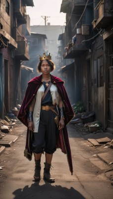 1girl,solo,looking at viewer,short hair,brown hair,black hair,jewelry,standing,full body,weapon,boots,outdoors,day,belt,pants,necklace,cape,bracelet,lips,sandals,crown,plant,building,walking,city,realistic,arms at sides,red cape,road,street,alley,barefoot,umbrella,bracer