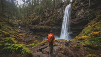 solo, black hair, 1boy, hat, male focus, outdoors, pants, water, bag, from behind, tree, backpack, nature, scenery, forest, waterfall