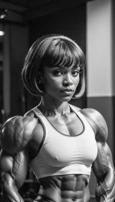 1girl,solo,breasts,looking at viewer,short hair,bangs,navel,jewelry,monochrome,upper body,greyscale,earrings,small breasts,parted lips,midriff,indoors,blurry,covered nipples,lips,muscular,abs,bob cut,veins,hands on hips,sports bra,realistic,nose,muscular female,biceps,obliques,gym,veiny arms,cleavage,medium breasts,collarbone,sweat,crop top,tattoo