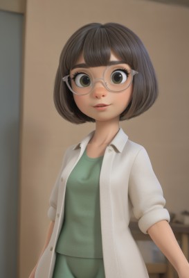 1girl,solo,breasts,looking at viewer,smile,short hair,bangs,skirt,brown hair,shirt,black hair,brown eyes,standing,white shirt,upper body,short sleeves,small breasts,parted lips,open clothes,glasses,indoors,blunt bangs,blurry,lips,depth of field,blurry background,bob cut,thick eyebrows,green skirt,round eyewear,green shirt,labcoat,collarbone,shorts,artist name,eyelashes,sleeves rolled up,green shorts