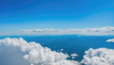 monochrome,outdoors,sky,day,cloud,water,blue sky,no humans,bird,ocean,cloudy sky,scenery,blue theme,horizon,contrail,landscape,above clouds