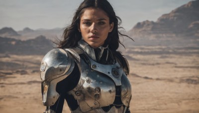 1girl,solo,long hair,looking at viewer,brown hair,black hair,brown eyes,closed mouth,upper body,outdoors,sky,day,dark skin,armor,blurry,black eyes,dark-skinned female,lips,bodysuit,blurry background,shoulder armor,science fiction,pauldrons,breastplate,realistic,power armor,desert,serious