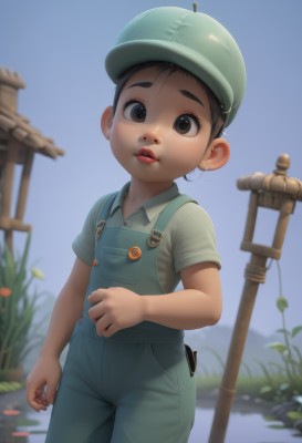 1girl,solo,looking at viewer,short hair,brown hair,shirt,black hair,1boy,hat,brown eyes,standing,short sleeves,male focus,cowboy shot,outdoors,parted lips,sky,day,collared shirt,blurry,black eyes,blue sky,blurry background,child,freckles,pocket,green headwear,green shirt,female child,overalls,male child,blue overalls,jewelry,earrings,lips,nose