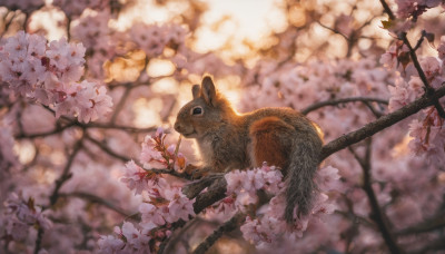 flower, outdoors, blurry, tree, no humans, depth of field, blurry background, animal, cherry blossoms, realistic, branch, animal focus