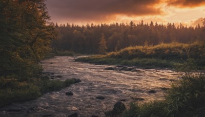 outdoors,sky,cloud,water,tree,no humans,sunlight,cloudy sky,grass,plant,nature,scenery,forest,sunset,rock,bush,river,evening,landscape,orange sky