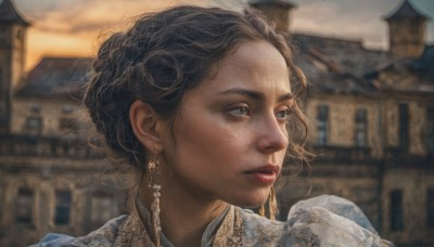 1girl,solo,short hair,blue eyes,brown hair,black hair,jewelry,earrings,outdoors,parted lips,dark skin,blurry,dark-skinned female,lips,looking to the side,depth of field,blurry background,looking away,building,portrait,freckles,curly hair,realistic,nose,red lips,looking afar,architecture