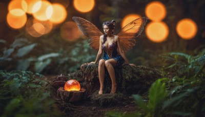 1girl,solo,long hair,breasts,black hair,hair ornament,dress,cleavage,bare shoulders,medium breasts,sitting,braid,small breasts,outdoors,wings,barefoot,hair bun,blurry,lips,bare legs,strapless,depth of field,blurry background,plant,nature,strapless dress,forest,minigirl,realistic,fairy wings,fairy,bokeh,butterfly wings,tree stump