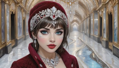 1girl,solo,looking at viewer,short hair,bangs,blue eyes,brown hair,black hair,hat,jewelry,jacket,earrings,indoors,water,necklace,lips,eyelashes,makeup,lipstick,gem,portrait,red headwear,red jacket,snow,reflection,stairs,realistic,red lips,red coat,closed mouth,coat,tiara