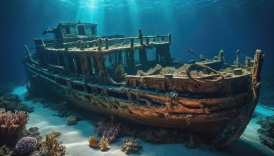 water,no humans,ocean,sunlight,scenery,fish,light rays,underwater,watercraft,sunbeam,ruins,ship,boat,coral,outdoors,day