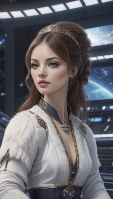 1girl,solo,long hair,breasts,brown hair,long sleeves,dress,cleavage,brown eyes,jewelry,medium breasts,closed mouth,upper body,hairband,earrings,indoors,necklace,lips,fur trim,makeup,looking away,tiara,gem,freckles,realistic,nose,space,planet,earth (planet),blush,bangs,parted lips,corset