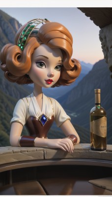 1girl,solo,short hair,brown hair,hair ornament,jewelry,green eyes,short sleeves,hairband,outdoors,parted lips,necklace,orange hair,lips,makeup,table,bottle,lipstick,gem,alcohol,curly hair,mountain,red lips,bracer,wine bottle,looking at viewer,dress,collarbone,upper body,sky,day,puffy sleeves,artist name,flat chest,puffy short sleeves