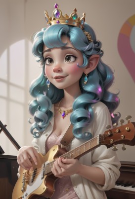 1girl,solo,long hair,breasts,blush,smile,bangs,shirt,hair ornament,dress,holding,cleavage,brown eyes,jewelry,medium breasts,blue hair,collarbone,white shirt,upper body,multicolored hair,earrings,small breasts,parted lips,open clothes,teeth,pointy ears,artist name,indoors,necklace,mole,blurry,lips,fingernails,grey eyes,eyelashes,window,open shirt,aqua hair,buttons,watermark,wavy hair,looking away,tiara,crown,looking up,gem,instrument,pink nails,pendant,sleeves rolled up,freckles,curly hair,nose,music,unbuttoned,guitar,playing instrument,holding instrument,electric guitar,piano