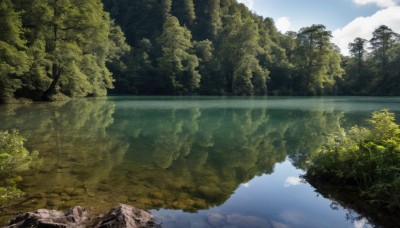 outdoors,sky,day,cloud,water,tree,blue sky,no humans,cloudy sky,grass,nature,scenery,forest,reflection,rock,river,landscape,lake,mountain,reflective water