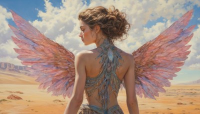 1girl,solo,short hair,brown hair,bare shoulders,closed mouth,closed eyes,upper body,outdoors,wings,sky,day,cloud,from behind,blue sky,lips,profile,makeup,back,wavy hair,cloudy sky,feathered wings,curly hair,sand,arms at sides,red lips,desert,pink wings,looking away,realistic