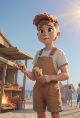 looking at viewer,smile,short hair,brown hair,shirt,hair ornament,1boy,holding,brown eyes,jewelry,standing,white shirt,short sleeves,male focus,earrings,outdoors,parted lips,food,multiple boys,sky,shorts,teeth,solo focus,day,hairclip,blurry,blue sky,fruit,beach,thick eyebrows,fire,t-shirt,child,freckles,apple,sun,overalls,male child,tomato,overall shorts,solo,open mouth,artist name,sunlight,holding food,brown shorts