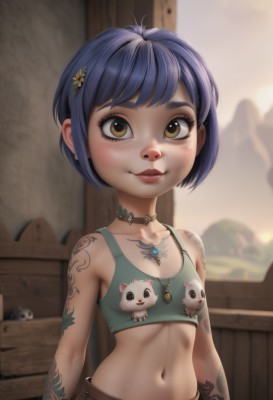 1girl,solo,breasts,looking at viewer,blush,smile,short hair,bangs,hair ornament,navel,bare shoulders,brown eyes,jewelry,blue hair,collarbone,upper body,flower,small breasts,outdoors,parted lips,choker,hairclip,midriff,belt,artist name,indoors,hair flower,necklace,stomach,blurry,flat chest,lips,crop top,tattoo,makeup,blurry background,thick eyebrows,tank top,child,web address,freckles,nose,arms at sides,female child,arm tattoo,shoulder tattoo,underwear,yellow eyes,bra