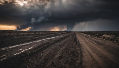 outdoors,sky,cloud,tree,military,no humans,sunlight,cloudy sky,building,scenery,light rays,realistic,road,landscape,ocean,beach,sand,horizon,desert