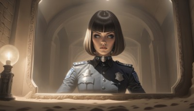 1girl,solo,looking at viewer,short hair,bangs,brown hair,black hair,long sleeves,brown eyes,jewelry,upper body,earrings,parted lips,indoors,blunt bangs,uniform,black eyes,lips,military,military uniform,makeup,buttons,bob cut,lipstick,reflection,epaulettes,mirror,candle,badge,jacket,realistic,nose,light,military jacket,world war ii,soldier