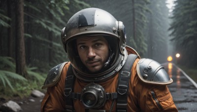 solo,looking at viewer,brown hair,1boy,brown eyes,closed mouth,upper body,male focus,outdoors,armor,blurry,tree,depth of field,blurry background,facial hair,helmet,shoulder armor,nature,beard,forest,rain,pauldrons,realistic,mustache,astronaut,smile,black hair,black eyes,lips,portrait,science fiction,spacesuit