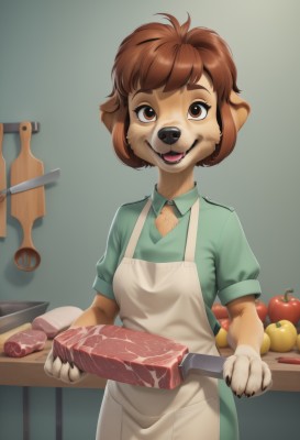 1girl,solo,breasts,looking at viewer,smile,short hair,open mouth,bangs,brown hair,shirt,holding,animal ears,brown eyes,standing,short sleeves,cowboy shot,small breasts,food,teeth,shiny,collared shirt,artist name,indoors,signature,apron,flat chest,fruit,fangs,happy,holding food,knife,dog ears,white apron,furry,green background,dog tail,green shirt,furry female,apple,dog girl,body fur,straight-on,cooking,animal nose,meat,snout,brown fur,two-tone fur,buck teeth,green apron,cutting board,puffy sleeves,puffy short sleeves,:3,blue shirt,wing collar,dog,boned meat