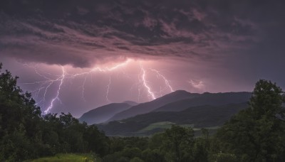 outdoors,sky,cloud,tree,no humans,cloudy sky,grass,nature,scenery,forest,mountain,electricity,lightning,landscape,night,bird,horizon,dark,mountainous horizon