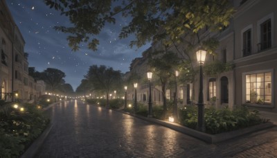 flower,outdoors,sky,cloud,water,tree,no humans,window,night,leaf,grass,plant,building,star (sky),night sky,scenery,starry sky,reflection,lantern,door,light,road,lamp,bush,house,lamppost,river,street,pavement