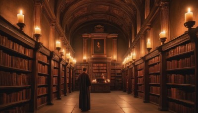 solo,1boy,standing,male focus,indoors,from behind,book,scenery,cloak,robe,stairs,bookshelf,tiles,candle,tile floor,library,ceiling,ladder,candlestand,black robe,chandelier,fire