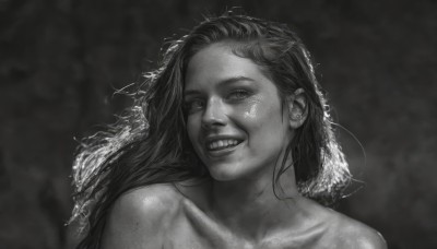 1girl,solo,long hair,looking at viewer,smile,simple background,bare shoulders,collarbone,monochrome,upper body,greyscale,nude,teeth,grin,lips,messy hair,portrait,realistic,nose,open mouth,freckles