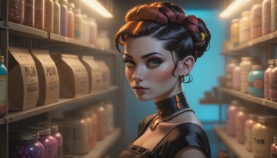 1girl,solo,breasts,looking at viewer,blush,short hair,brown hair,black hair,dress,cleavage,brown eyes,jewelry,closed mouth,collarbone,yellow eyes,upper body,braid,red hair,multicolored hair,earrings,choker,artist name,indoors,necklace,hair bun,orange hair,blurry,black dress,two-tone hair,lips,eyelashes,makeup,blurry background,black choker,single hair bun,thick eyebrows,bottle,lipstick,pendant,eyeshadow,freckles,realistic,nose,eyeliner,shelf,jar,mascara,hair ornament,purple hair,from side,gem,portrait,shop