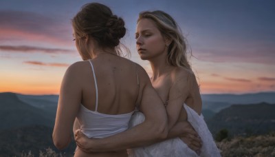 long hair,breasts,multiple girls,blonde hair,brown hair,black hair,2girls,bare shoulders,jewelry,closed eyes,upper body,earrings,outdoors,sky,artist name,hair bun,from behind,yuri,mole,blurry,hug,blurry background,watermark,back,towel,camisole,freckles,sunset,mountain,realistic,white camisole,dress,parted lips,cloud,white dress,single hair bun,body freckles