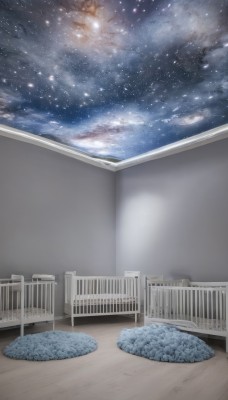 sky,cloud,indoors,no humans,window,night,chair,building,star (sky),night sky,scenery,starry sky,wooden floor,railing,space,outdoors,bed