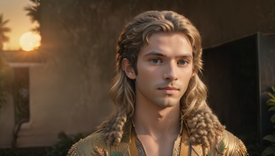 solo,long hair,looking at viewer,blue eyes,blonde hair,brown hair,1boy,closed mouth,upper body,male focus,indoors,blurry,lips,grey eyes,facial hair,plant,portrait,beard,curly hair,realistic,blurry background,stubble,light