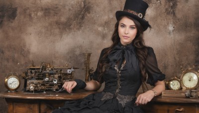 1girl,solo,long hair,breasts,looking at viewer,blue eyes,brown hair,hat,dress,bow,jewelry,short sleeves,frills,black dress,bracelet,lips,black headwear,makeup,lace,lolita fashion,watch,top hat,realistic,gothic lolita,clock,gears,pocket watch,gothic,steampunk,braid,nail polish,phone,black nails,corded phone