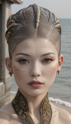 1girl,solo,looking at viewer,blonde hair,brown hair,black hair,brown eyes,jewelry,grey hair,multicolored hair,earrings,outdoors,parted lips,teeth,day,water,hair bun,blurry,lips,blood,blurry background,ocean,beach,single hair bun,portrait,freckles,blood on face,realistic,hair ornament,collarbone,necklace,dirty