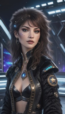 1girl,solo,long hair,breasts,looking at viewer,brown hair,black hair,cleavage,brown eyes,jewelry,medium breasts,underwear,jacket,upper body,earrings,small breasts,parted lips,open clothes,choker,belt,necklace,bra,blurry,open jacket,lips,coat,black jacket,grey eyes,fur trim,eyelashes,makeup,blurry background,facial mark,black bra,eyeshadow,freckles,realistic,nose,bangs,hair ornament,artist name,pendant,science fiction,hoop earrings,eyeliner,leather,bustier