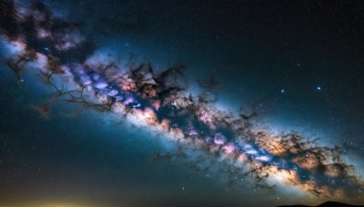 outdoors,sky,cloud,tree,no humans,night,cherry blossoms,star (sky),night sky,scenery,starry sky,branch,milky way,star (symbol),bare tree