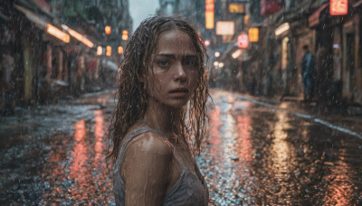 1girl, solo, long hair, looking at viewer, blue eyes, black hair, upper body, outdoors, dark skin, blurry, dark-skinned female, lips, wet, night, blurry background, wet clothes, rain, city, realistic, road, wet hair, street, paper lantern