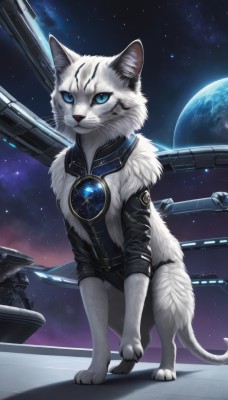 solo,looking at viewer,blue eyes,closed mouth,standing,jacket,full body,sky,black jacket,no humans,animal,moon,cat,gem,star (sky),starry sky,colored sclera,science fiction,space,animal focus,white fur,planet,whiskers,earth (planet),artist name