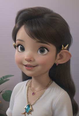 1girl,solo,long hair,looking at viewer,smile,open mouth,simple background,brown hair,shirt,black hair,hair ornament,brown eyes,jewelry,white shirt,upper body,short sleeves,earrings,parted lips,hairclip,grey background,necklace,lips,plant,gem,child,pendant,freckles,realistic,nose,female child,bangs,collarbone,teeth,pointy ears,eyelashes