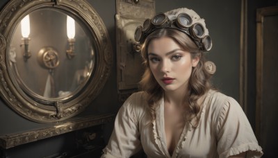 1girl,solo,long hair,breasts,looking at viewer,brown hair,shirt,cleavage,brown eyes,medium breasts,closed mouth,collarbone,white shirt,upper body,short sleeves,frills,parted lips,indoors,blurry,lips,grey eyes,eyelashes,makeup,wavy hair,lipstick,goggles,reflection,curly hair,goggles on head,mirror,realistic,nose,red lips,candle,goggles on headwear,steampunk,candlelight,blonde hair,portrait,candlestand,portrait (object)