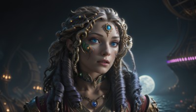 1girl,solo,long hair,looking at viewer,blue eyes,black hair,hair ornament,jewelry,collarbone,upper body,earrings,parted lips,choker,dark skin,necklace,blurry,dark-skinned female,lips,eyelashes,makeup,night,depth of field,blurry background,facial mark,moon,gem,portrait,night sky,full moon,curly hair,circlet,realistic,nose,head chain,brown hair,outdoors,sky,teeth,artist name,drill hair,close-up,forehead jewel,ringlets