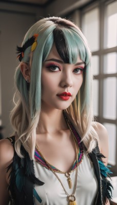 1girl,solo,long hair,breasts,looking at viewer,bangs,blonde hair,shirt,black hair,hair ornament,bare shoulders,jewelry,medium breasts,collarbone,white shirt,upper body,white hair,multicolored hair,earrings,parted lips,sleeveless,indoors,necklace,blurry,black eyes,vest,two-tone hair,lips,streaked hair,grey eyes,eyelashes,window,gradient hair,makeup,blurry background,piercing,feathers,lipstick,pendant,eyeshadow,zipper,realistic,nose,red lips,eyeliner,feather hair ornament,mascara,green eyes,small breasts,green hair,artist name,aqua hair