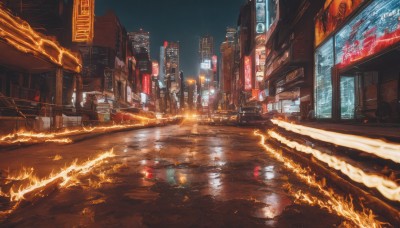 outdoors,sky,water,no humans,night,fire,ground vehicle,building,night sky,scenery,motor vehicle,reflection,city,sign,car,road,cityscape,street,skyscraper,city lights,neon lights,real world location,science fiction,rain,light,lamppost,puddle,crosswalk,vanishing point