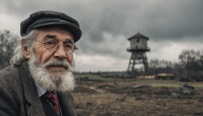 solo,shirt,1boy,hat,closed mouth,jacket,closed eyes,white shirt,upper body,white hair,grey hair,male focus,outdoors,necktie,sky,glasses,day,collared shirt,cloud,blurry,vest,tree,black jacket,black headwear,depth of field,blurry background,facial hair,parody,formal,cloudy sky,suit,red necktie,beard,realistic,round eyewear,mustache,old,old man,photo background,grey sky,looking at viewer,coat,manly,overcast,wrinkled skin