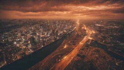 outdoors,sky,cloud,no humans,ocean,cloudy sky,building,scenery,sunset,city,horizon,road,cityscape,river,landscape,city lights,orange theme,water,dutch angle,bridge,skyscraper,evening